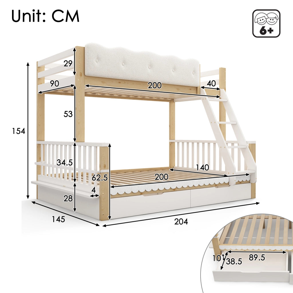 LETTO A CASTELLO 90x200/140x200 cm con cassetti e portariviste Bianco e Rovere