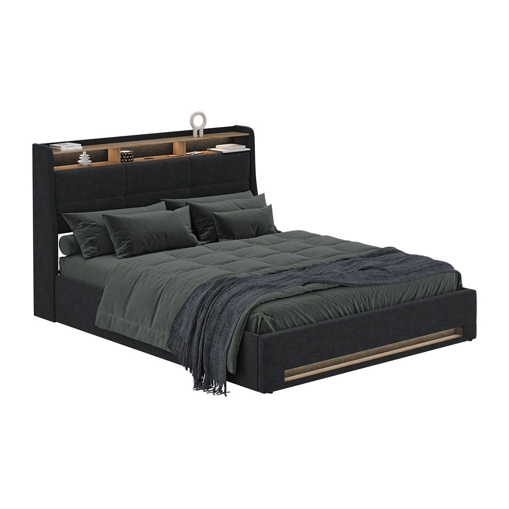 Vitalispa Letto imbottito Antracite/quercia 160x200 con LED e porta USB