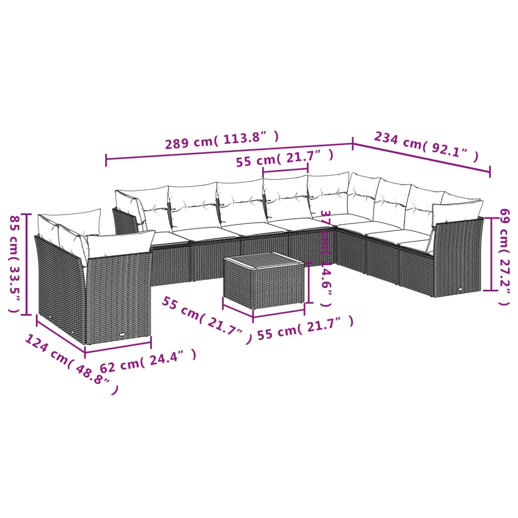 Set Divani da Giardino 11 pz con Cuscini Beige in Polyrattan 3223721