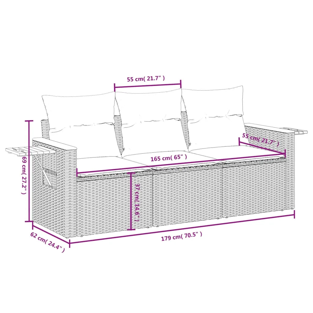 Set Divani da Giardino 3 pz con Cuscini Grigio in Polyrattan