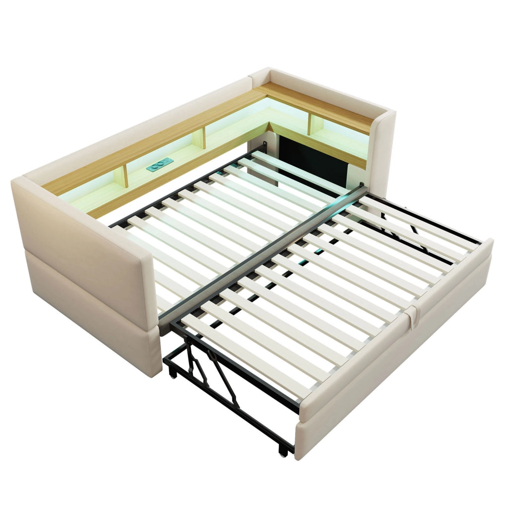 Divano letto imbottito multifunzione con vani contenitore, LED e prese integrate