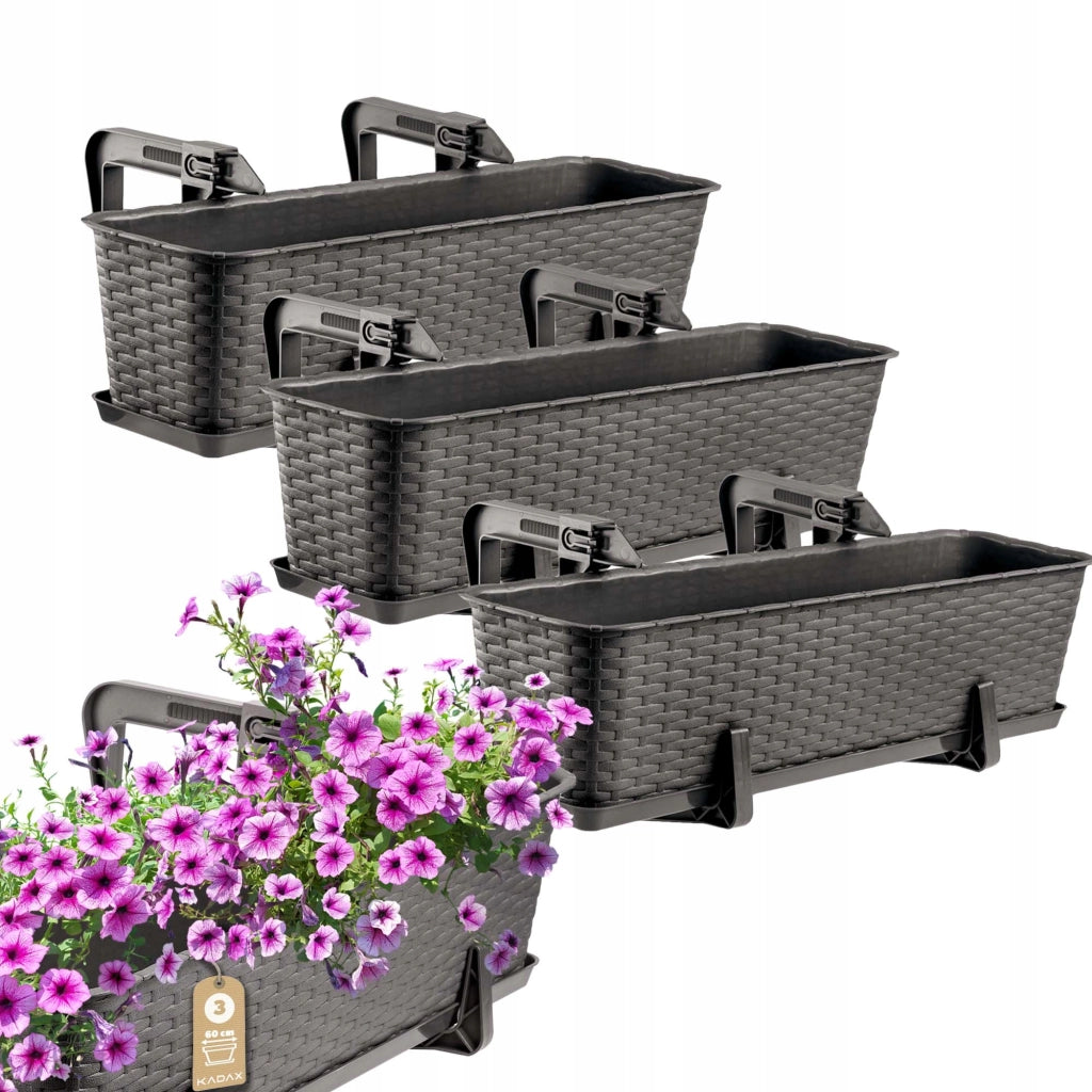 KADAX Fioriera da balcone, 60 cm, marrone, con manici e supporto, 3 pezzi