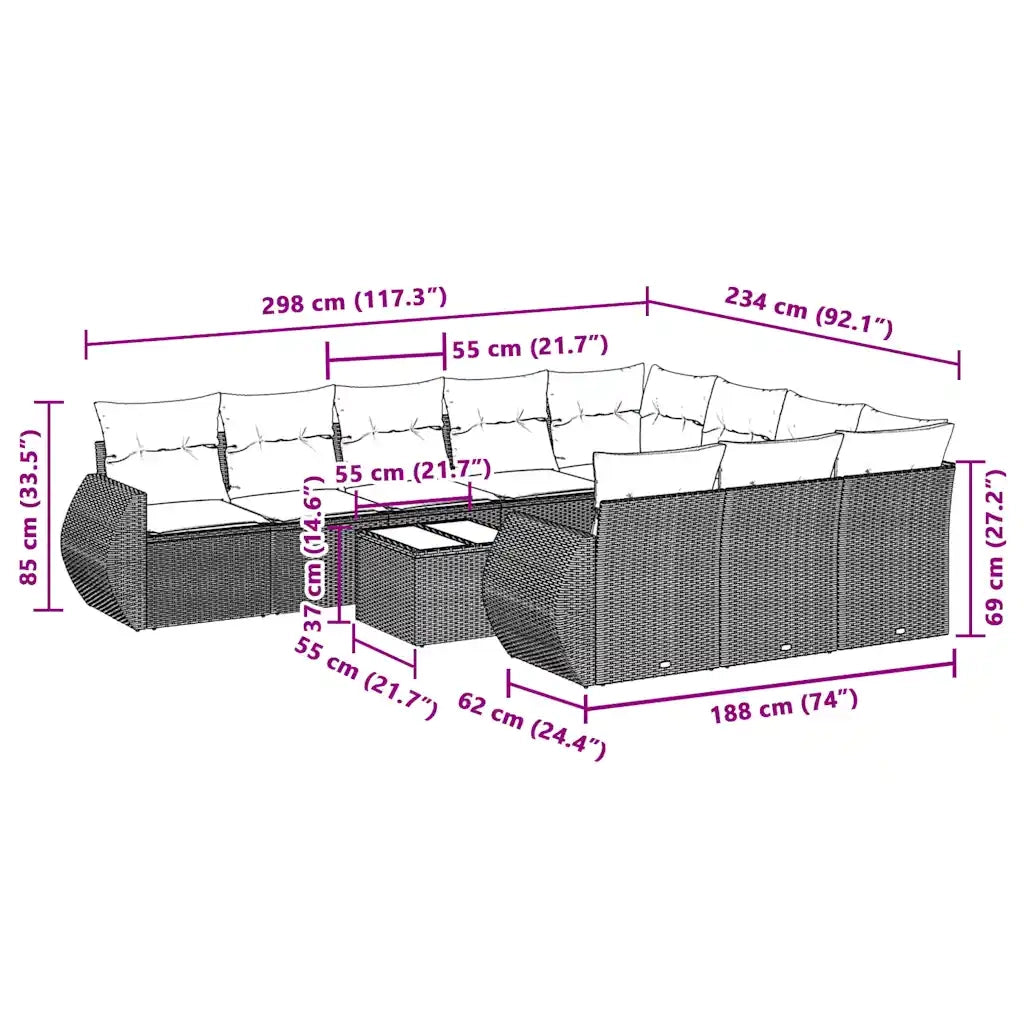 Set Divani da Giardino 11 pz con Cuscini in Polyrattan Grigio 3221901