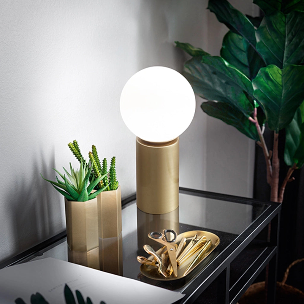 Lampada Da Scrivania Contemporanea Birillo Metallo Oro Vetro Bianco 1 Luce E14