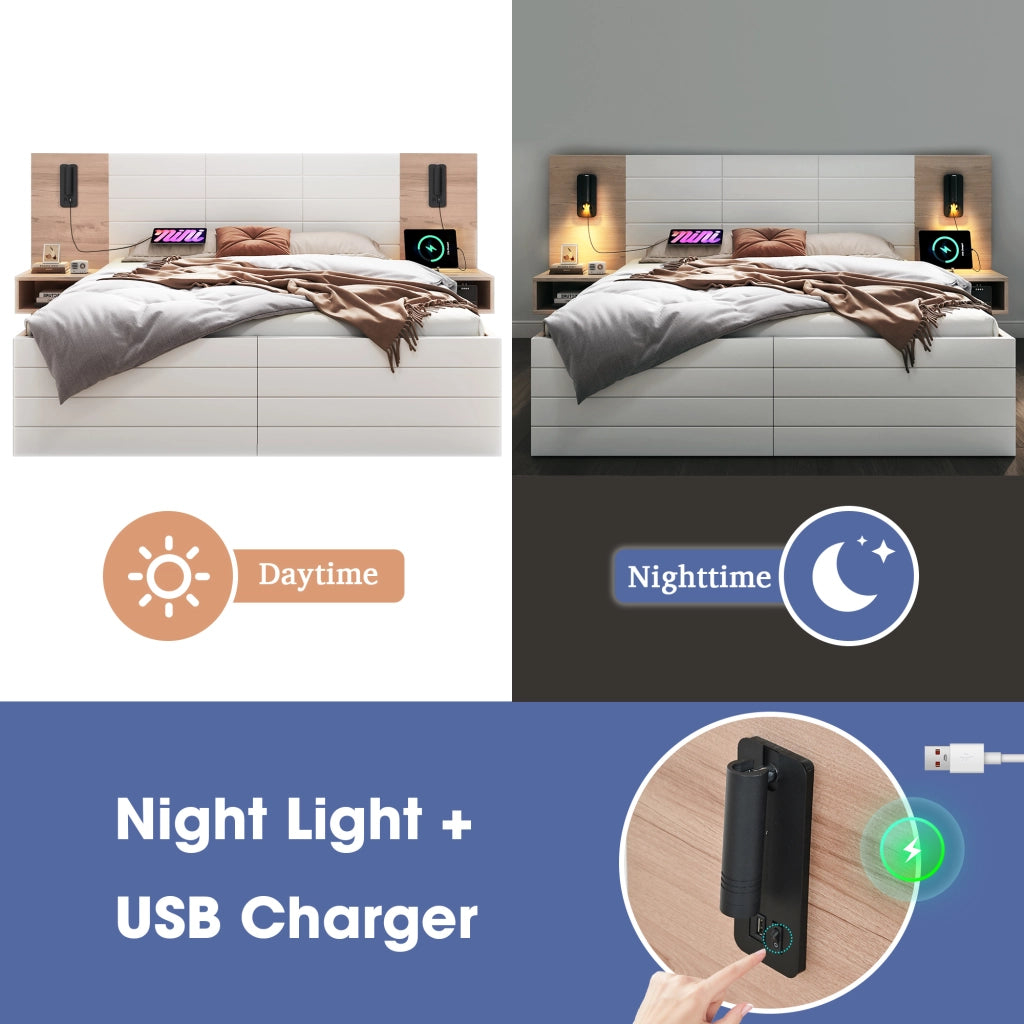 DESMIU Letto con cassetti letto matrimoniale 2 posti con 2 cassetti, lampada da lettura e USB, 180 × 200 cm, senza materasso