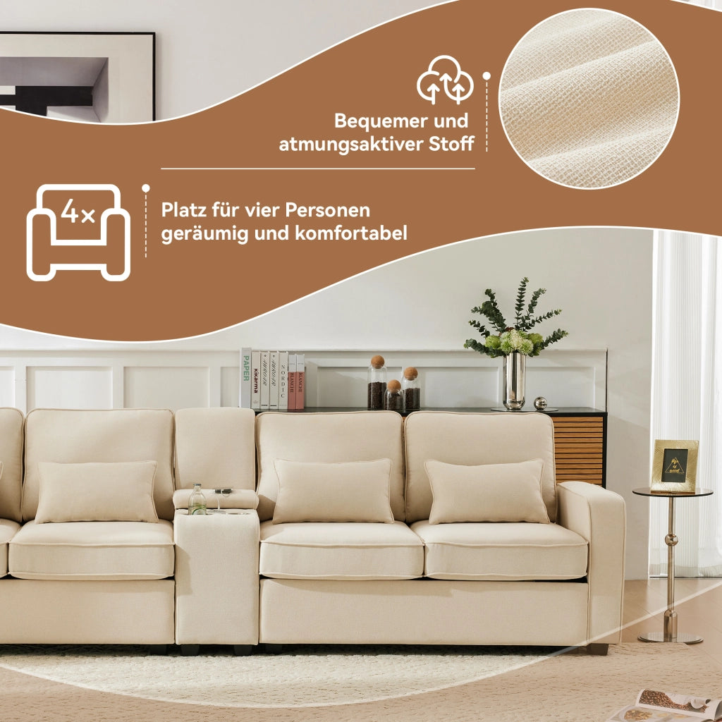Sofa moderno 4 posti - Zephmum- Tessuto lino con console, porta bevande, USB, tasche braccioli