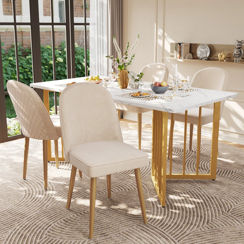 2 sedie da pranzo in velluto beige con gambe in metallo dorato, design moderno e comode