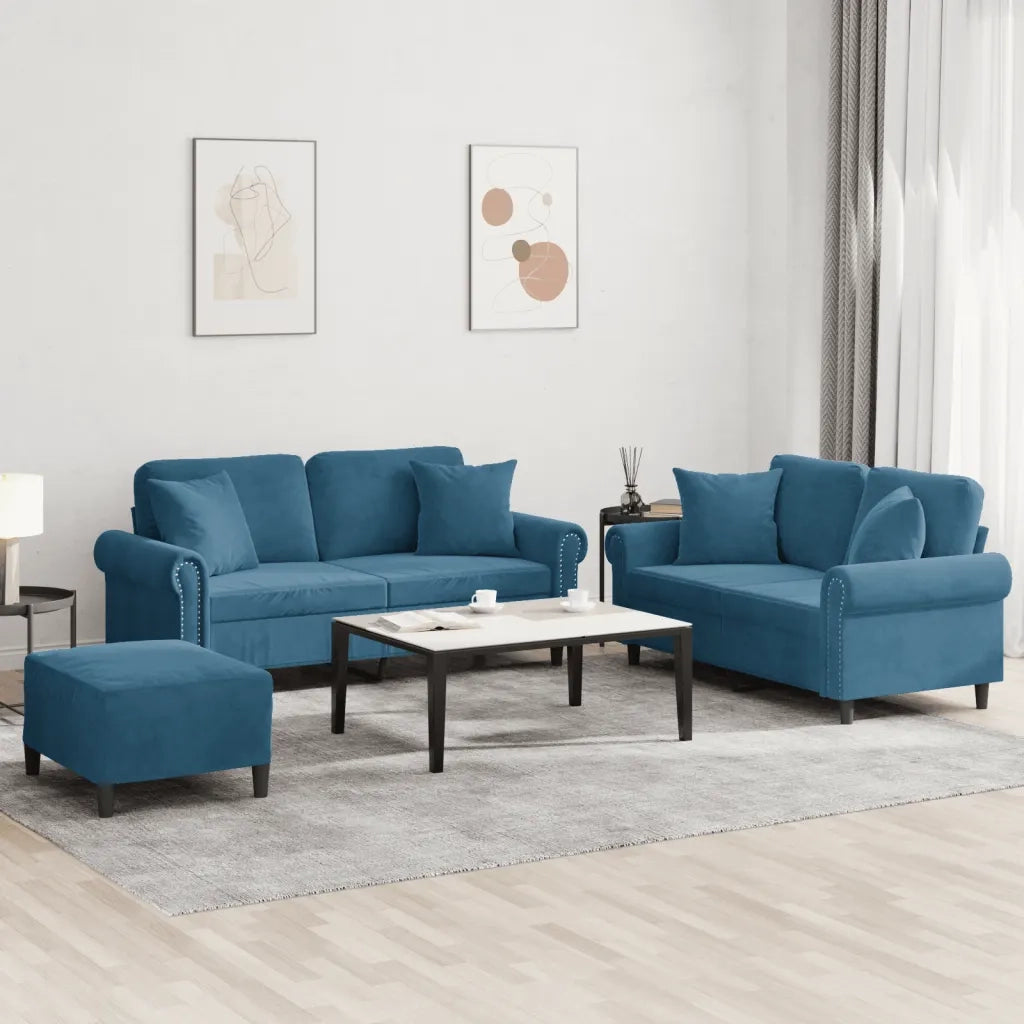 Set di Divani 3 pz con Cuscini Blu in Velluto