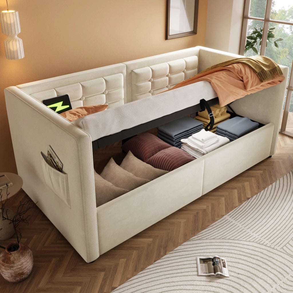 DIVANO LETTO 90x200 cm con vano contenitore, USB e Type-C Beige in velluto