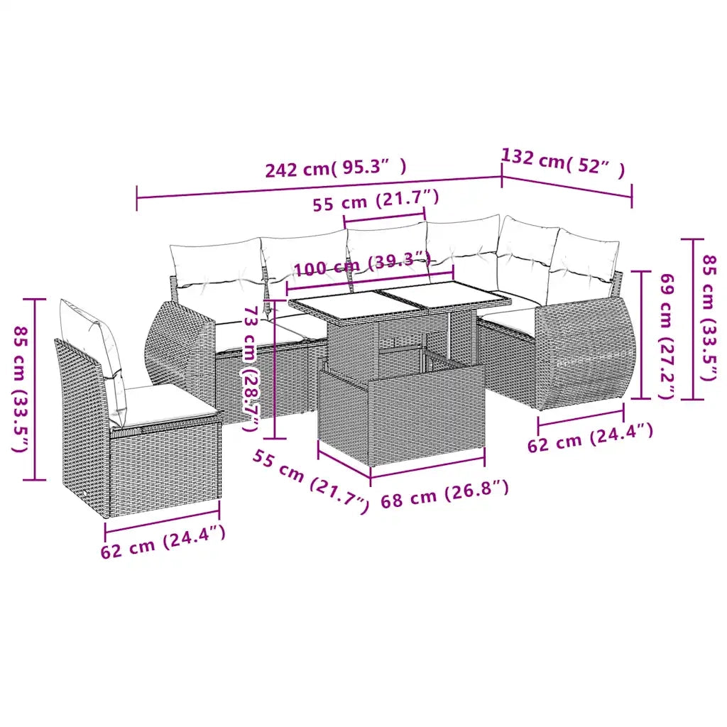Set Divani da Giardino 7 pz con Cuscini Marrone in Polyrattan 3268573