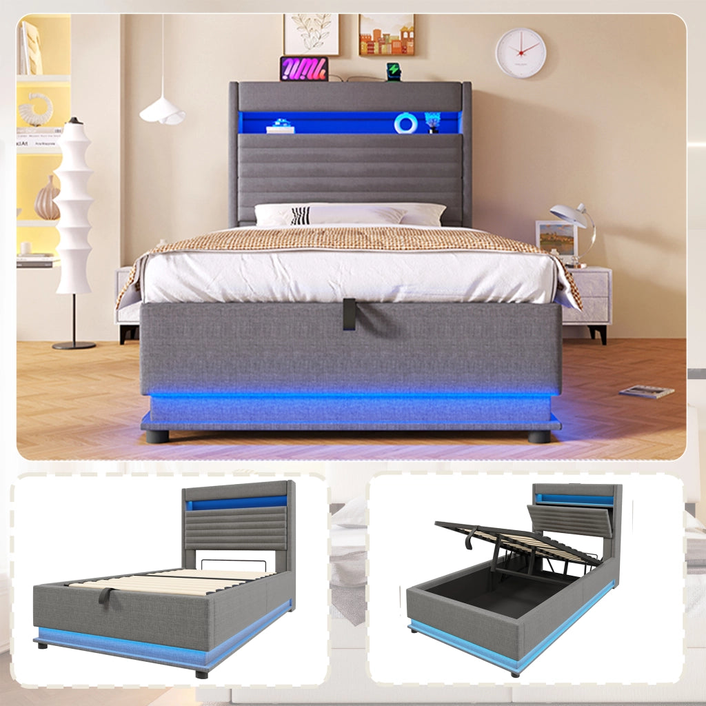 LETTO contenitore 90x200 cm in lino grigio con LED e USB Type-C