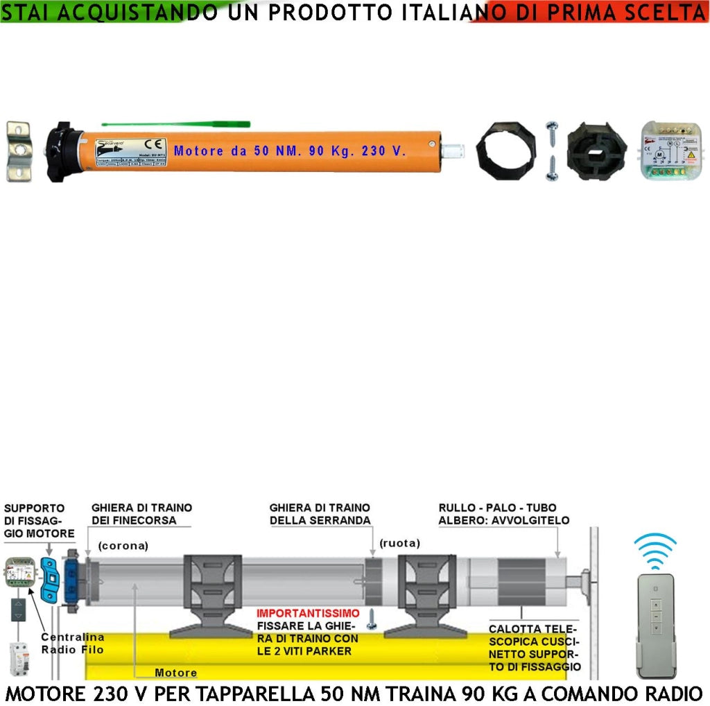 Tapparella Avvolgibile 90 KG Elettrica Motore 230 V 220 W 50 Nm Centrale Comando Radio Sistema Blocco Sollevamento Telo Fine Corsa Regolabili Per Tubo Ottagonale Diametro 60 mm Protezione Termica 135°