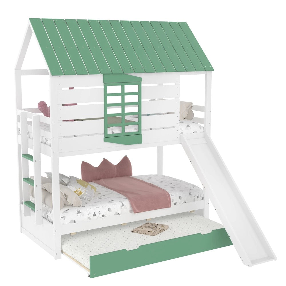 Letto a Castello con Scivolo e Letto Estraibile ¨C MINIMAL ¨C Bianco/Verde 90x200