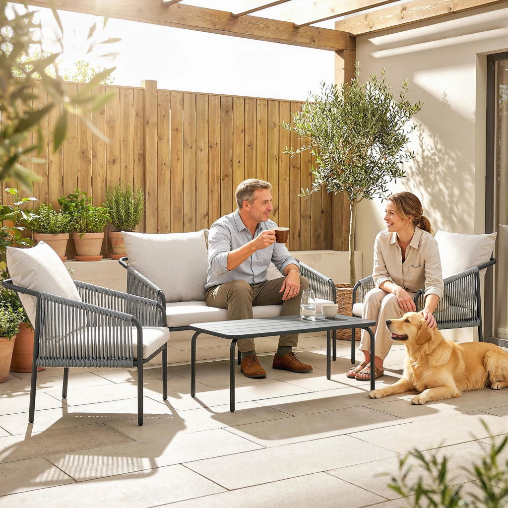 Set Lounge Polyrattan 4 Pezzi con Divano 2 Posti ¨C Minimal ¨C Grigio