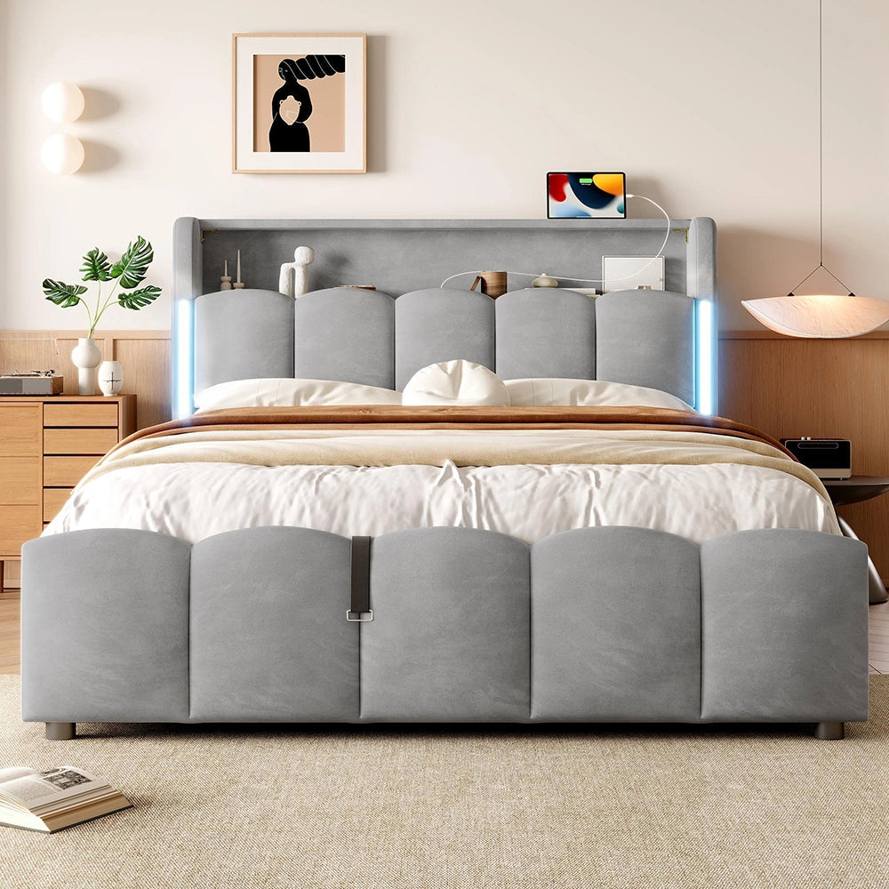 Letto 140x200cm?- Xylo - idraulico USB velluto grigio