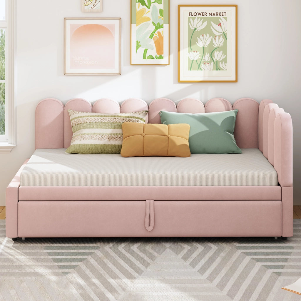 Divano letto estraibile a L 90x200/180x200 cm in velluto rosa con letto supplementare