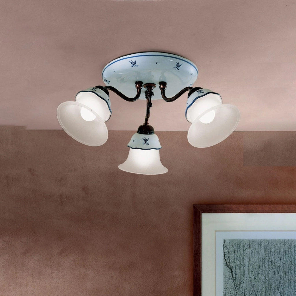 Plafoniera Classica Ferrara Metallo E Ceramica Nero Sfumato Rame 3 Luci E14
