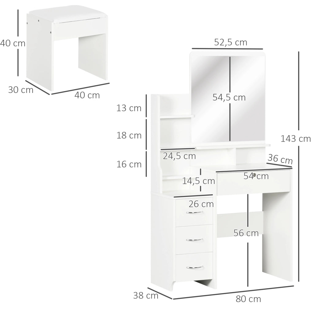 Cassettiera trucco con specchio e sgabello ¨C Minimal ¨C 80x38x143 cm bianco
