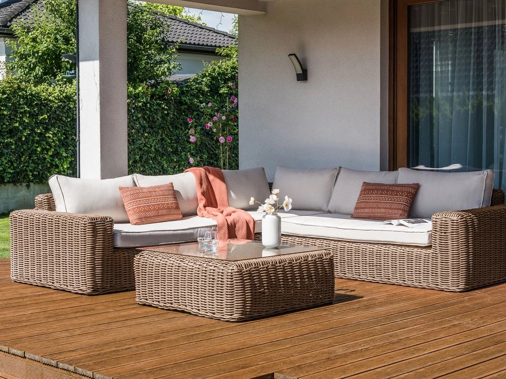 Set da giardino in vimini PE Rattan grigio con cuscini 6 posti marrone esterno elegante