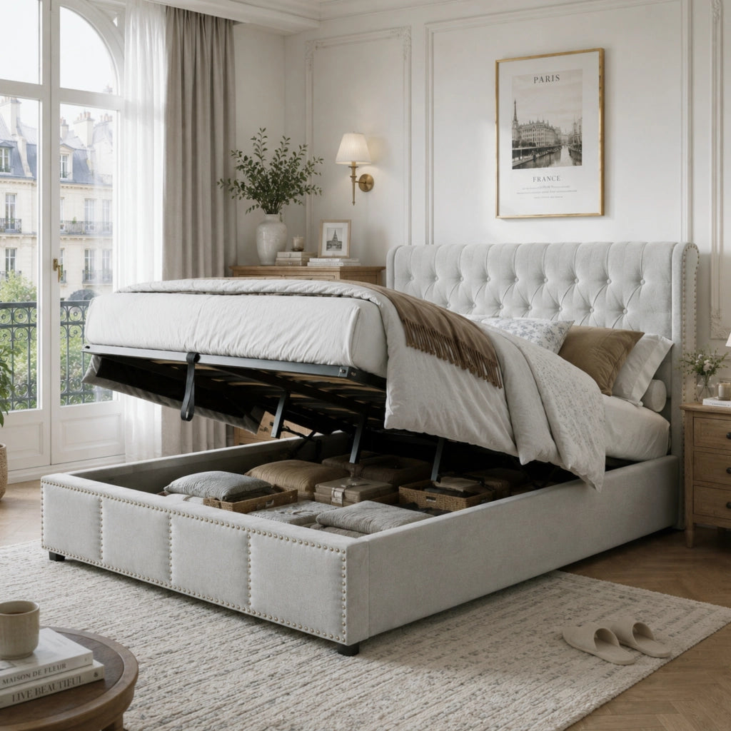DESMIU Letto Contenitore 180 × 200 cm 2 posti con vano contenitore, senza materasso, in lino, grigio