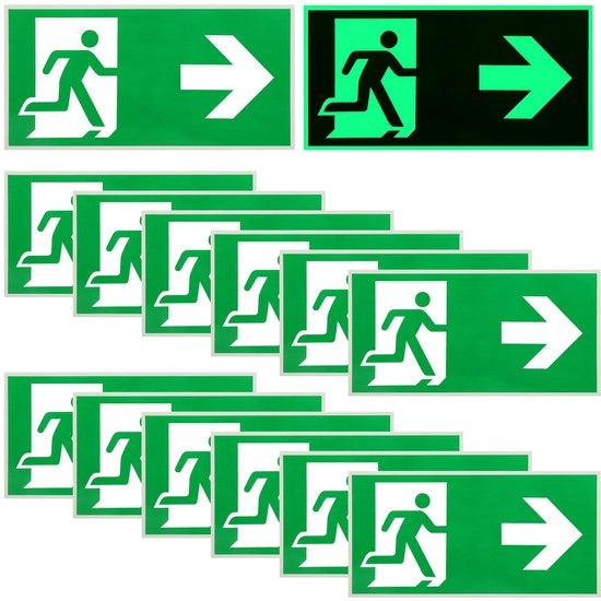 Segnalazione di Emergenza - 12 Pezzi - 300 x 150 mm - Illuminato - Riflettente - Freccia a Destra - Segnalibro di Evacuazione