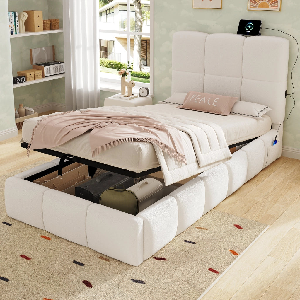 LETTO Contenitore 90x200 cm Bouclé Beige con rete a doghe e USB-C