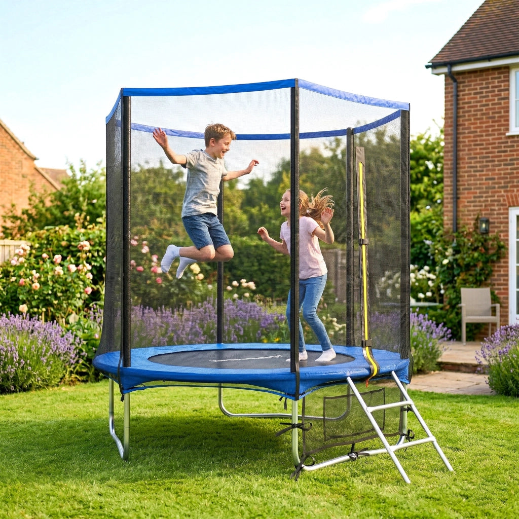 Trampolino da giardino ?183 cm ¨C Xylo ¨C con rete di sicurezza e scala 2 gradini blu