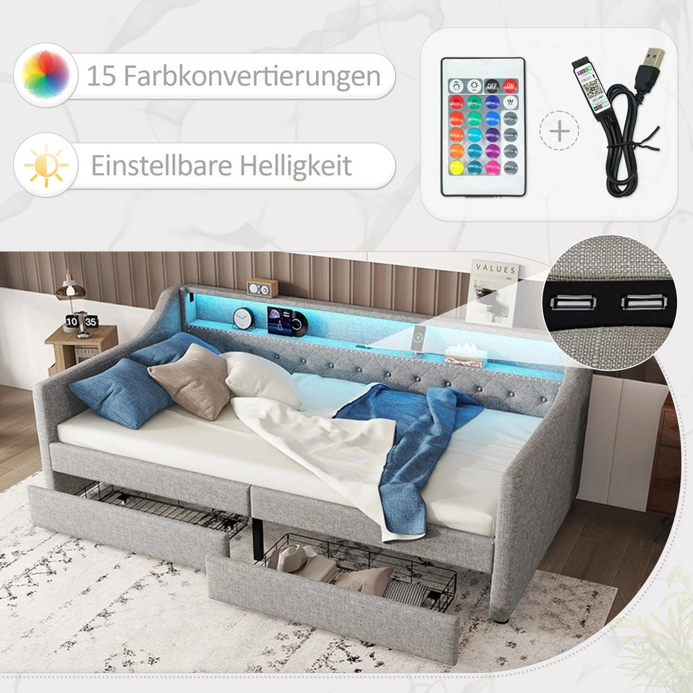 Letto Singolo Divano con Doghe e Cassetti ¨C MINIMAL ¨C Grigio, LED, 90x200