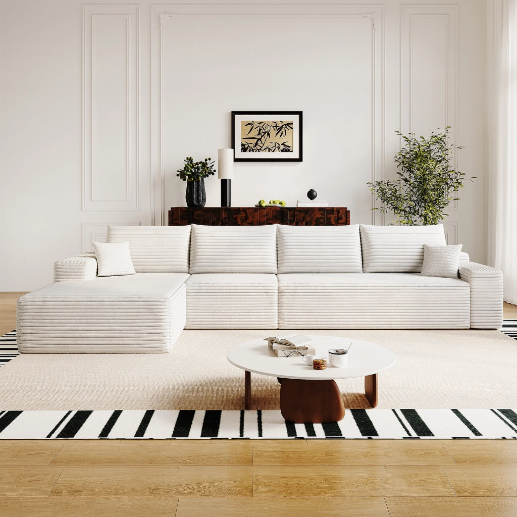 Divano angolare con chaise longue in tessuto a coste bianco, senza attrezzi, per soggiorno 340 × 175 × 83 cm