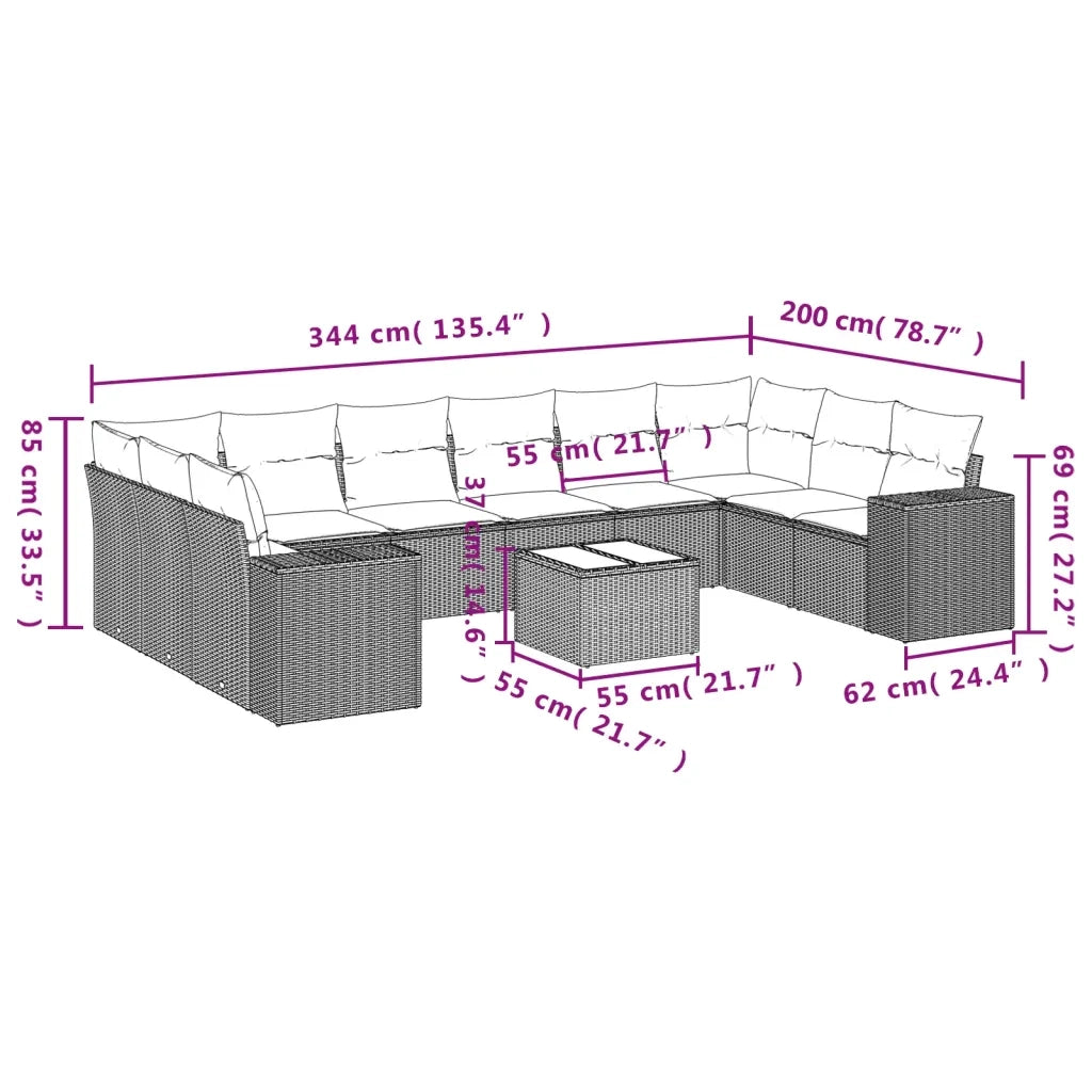 Set Divani da Giardino 11 pz con Cuscini in Polyrattan Grigio