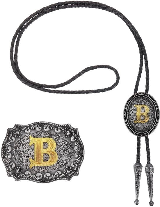 Set di cravatte western bolo con ferro e stiletto in pelle di vitello con lettera B d'oro