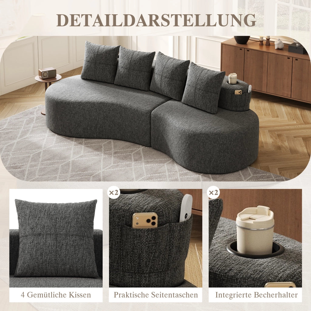 DIVANO 240x109x60 cm in lino grigio scuro con 4 cuscini