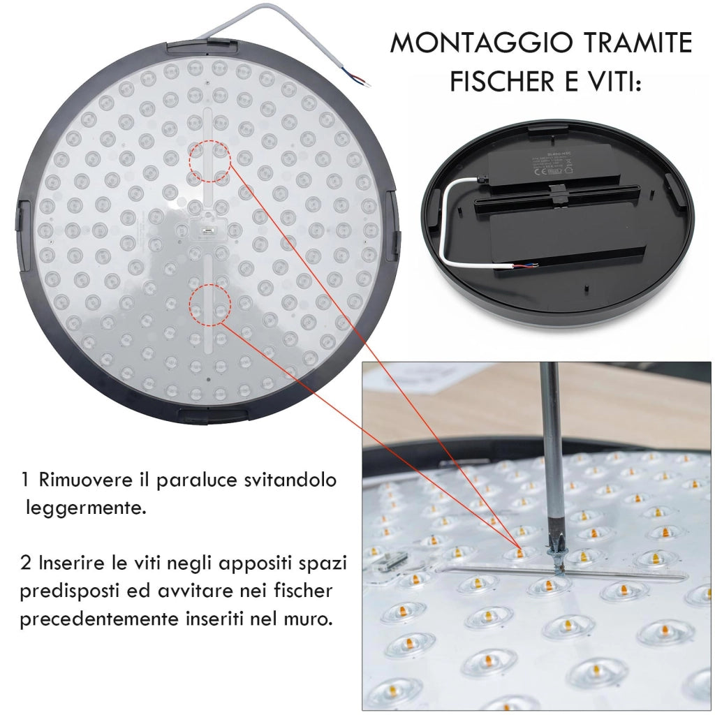 Plafoniera Tonda LED 18W CCT 3 Temperature IP40 Lampada Nera Circolare Moderna Luce Soffitto Parete Bagno Ufficio 23cm