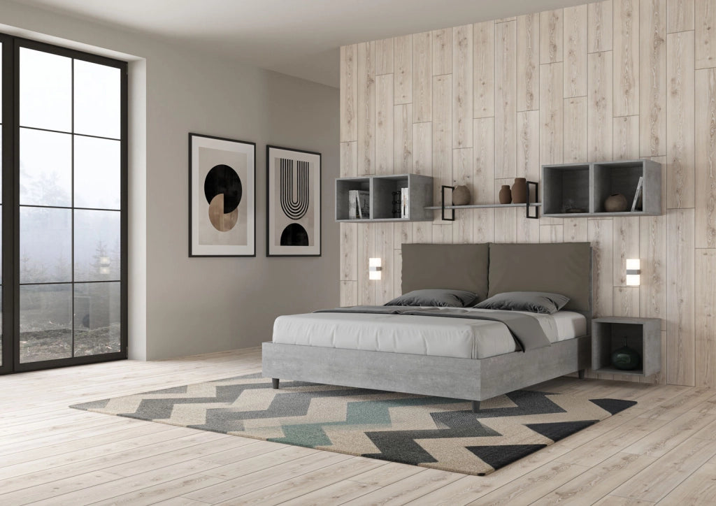 BS COM Letto matrimoniale con rete 160x200 Cemento cuscini similpelle cappuccino