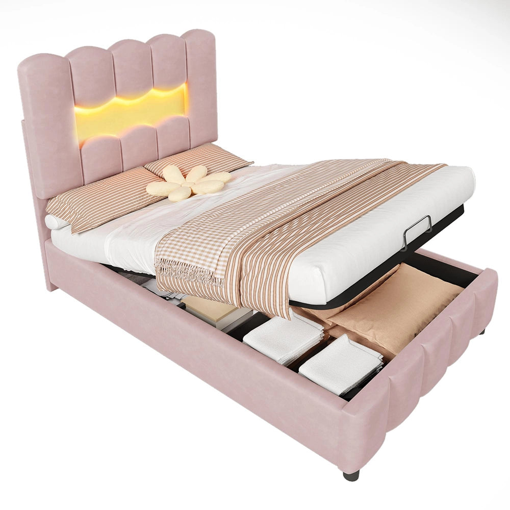 Letto 90x200cm?- Xylo - idraulico LED velluto rosa