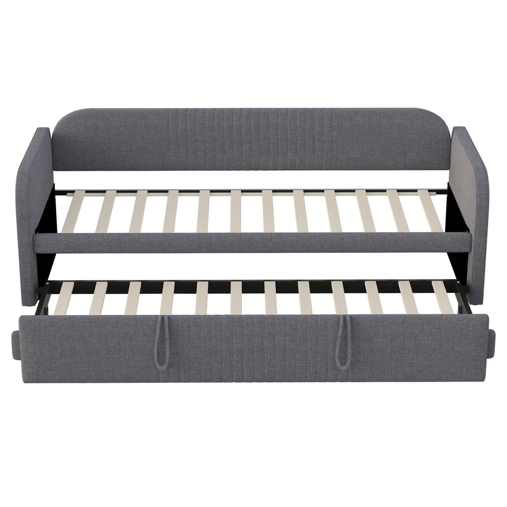 Letto Imbottito Estraibile ¨C MINIMAL ¨C Grigio, Tessuto Lino, Rete a Doghe, 90x190/180x190