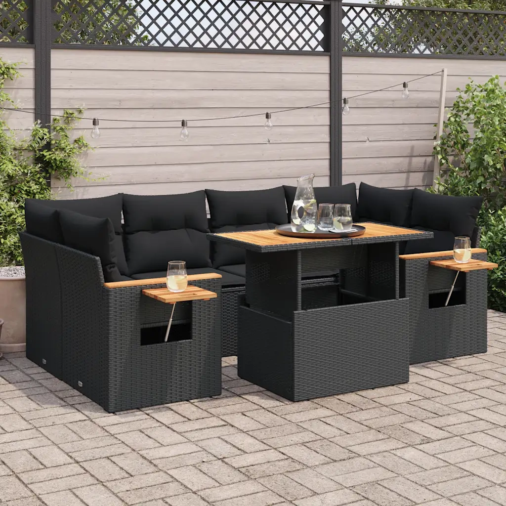 Set Divani da Giardino con Cuscini 7pz Nero Polyrattan Acacia 3327562