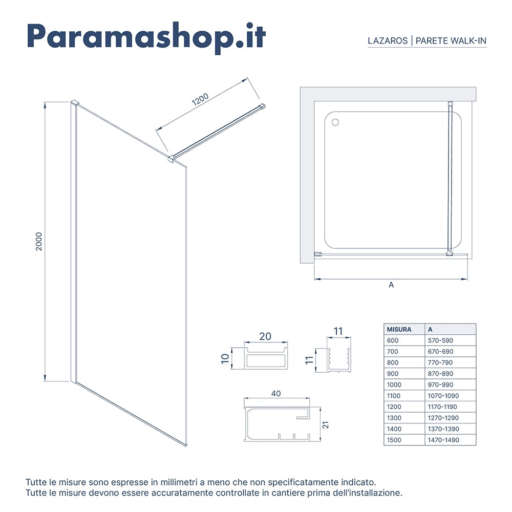 Parete doccia walk-in 80 cm 8mm opaco anticalcare h200 | Lazaros