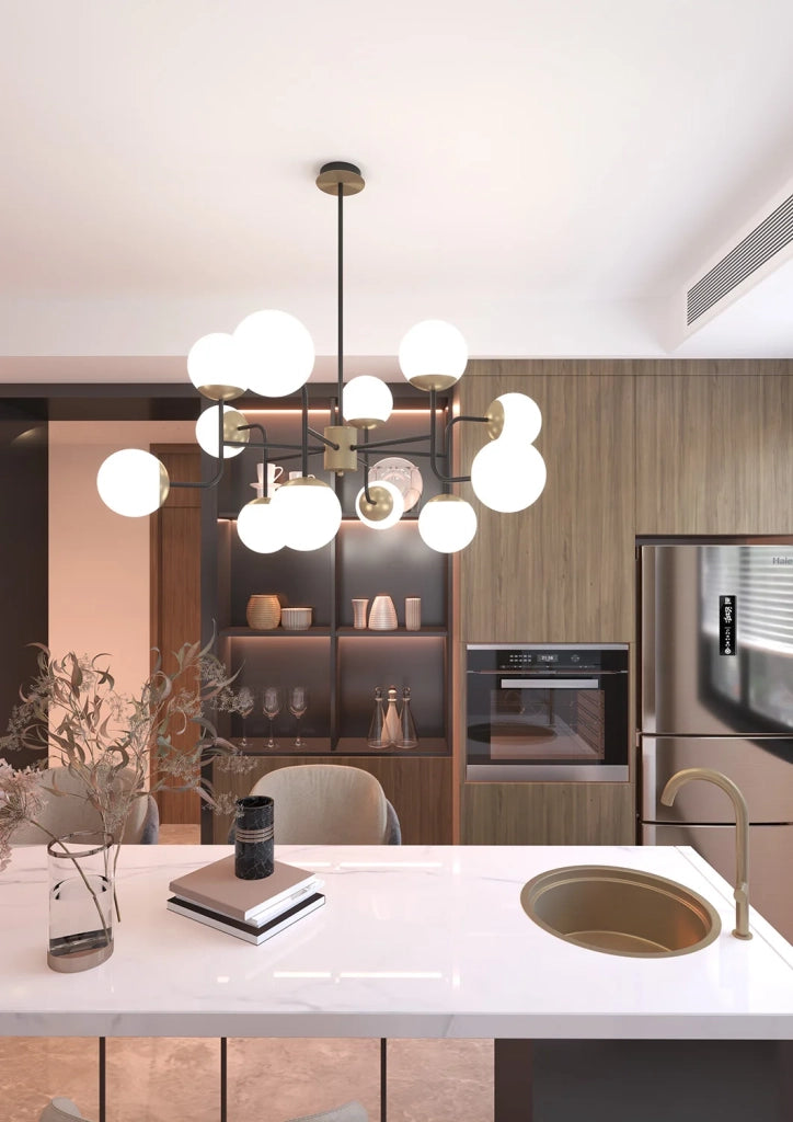 Lampadario Moderno Clear Metallo Nero E Ottone Vetro Bianco 12 Luci E27
