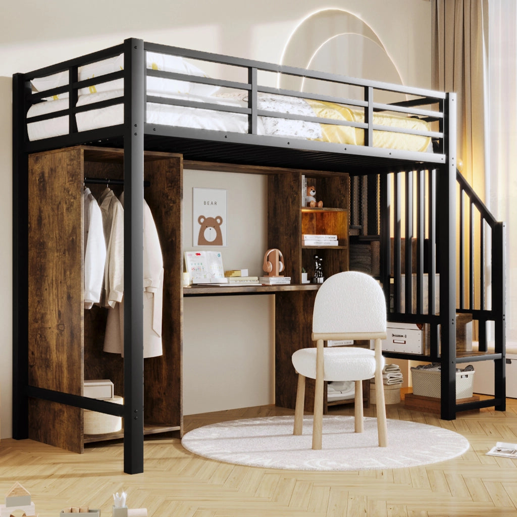 Letto a soppalco con scrivania e armadio - Zephmum- 90x200 cm- Nero