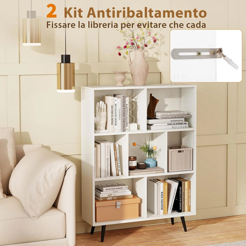 Libreria a 7 Cubi, Organizzatore di Stoccaggio Moderno con 4 Gambe di Metallo, Scaffale per Esposizione con 2 Kit Anti-Ribaltamento per Soggiorno Studio Camera da Letto, Bianco (80x24x107cm)