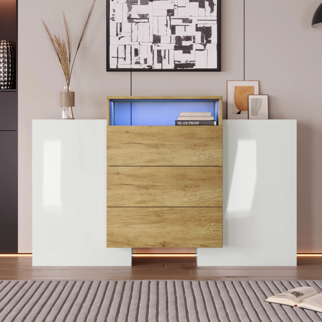 Sideboard moderno - Zephmum - 140cm - Bianco lucido e colore legno - Effetti luce LED multicolore