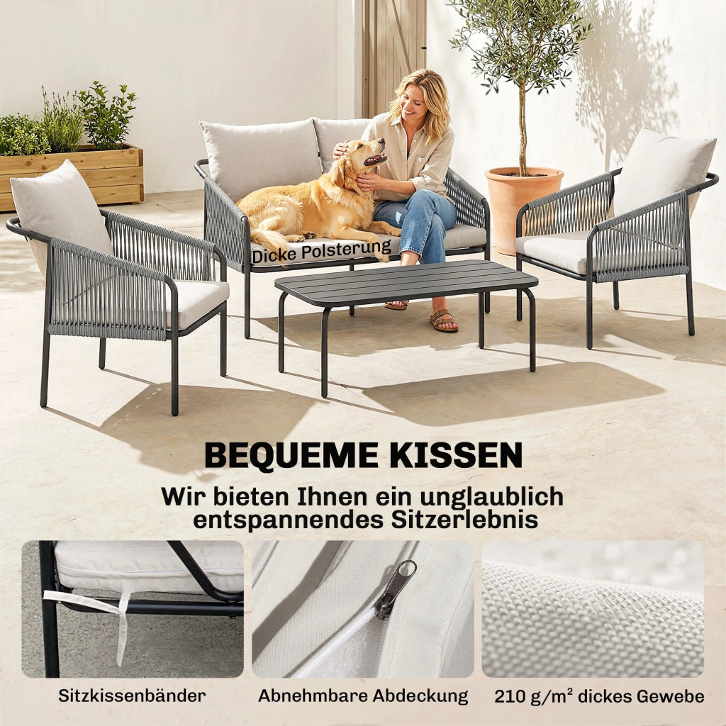 Set Giardino 4 Pezzi Polyrattan con Divano 2 Posti 2 Sedie Tavolino Cuscini ¨C Xylo ¨C Grigio