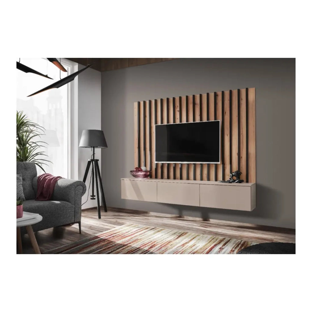 Composizione murale TASHYA – Mobile TV e pannello murale – Rovere Artisan e cachemire
