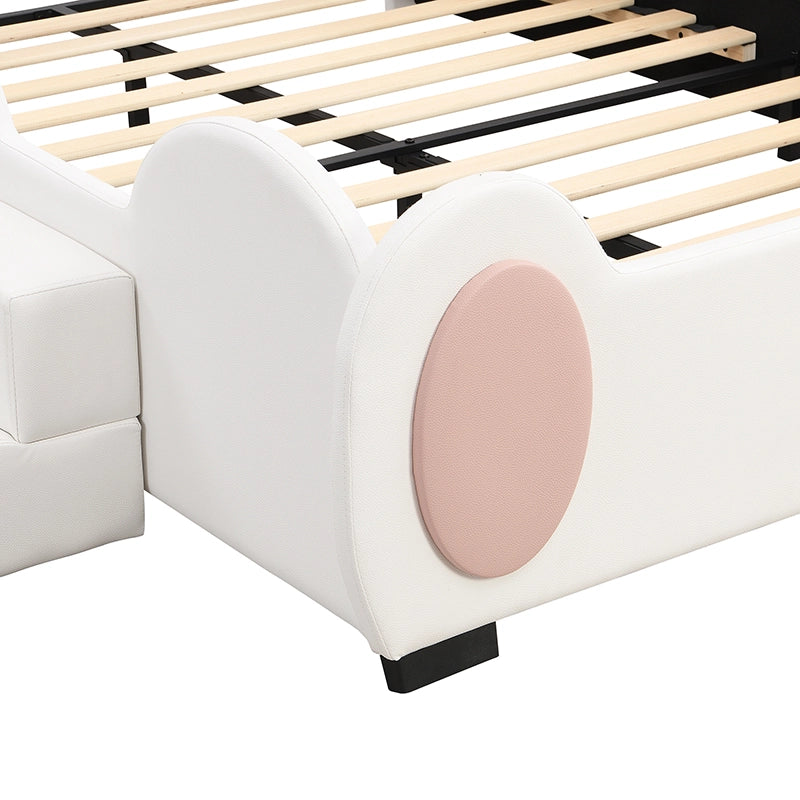 LETTO per bambini 140x200 cm a farfalla con LED, scivolo e scala, PU rosa e bianco