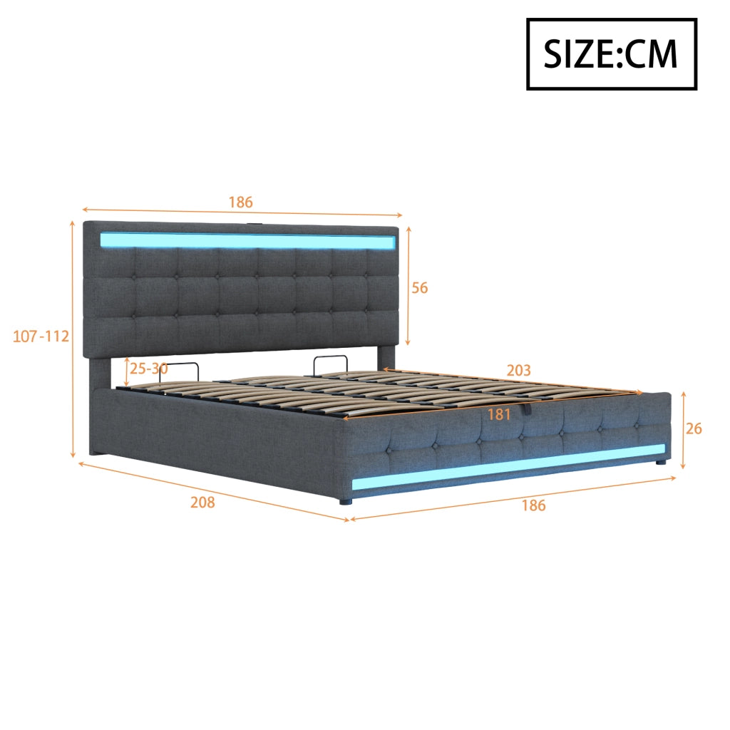 LETTO imbottito 180x200 cm grigio con LED RGB e porte USB