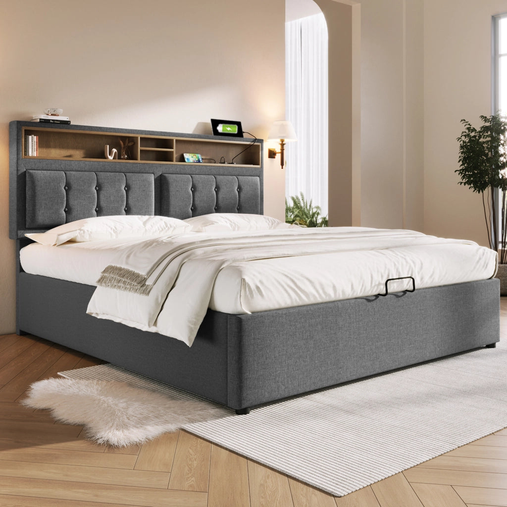 LETTO Imbottito 140x200 cm in Lino Grigio con testiera regolabile e USB