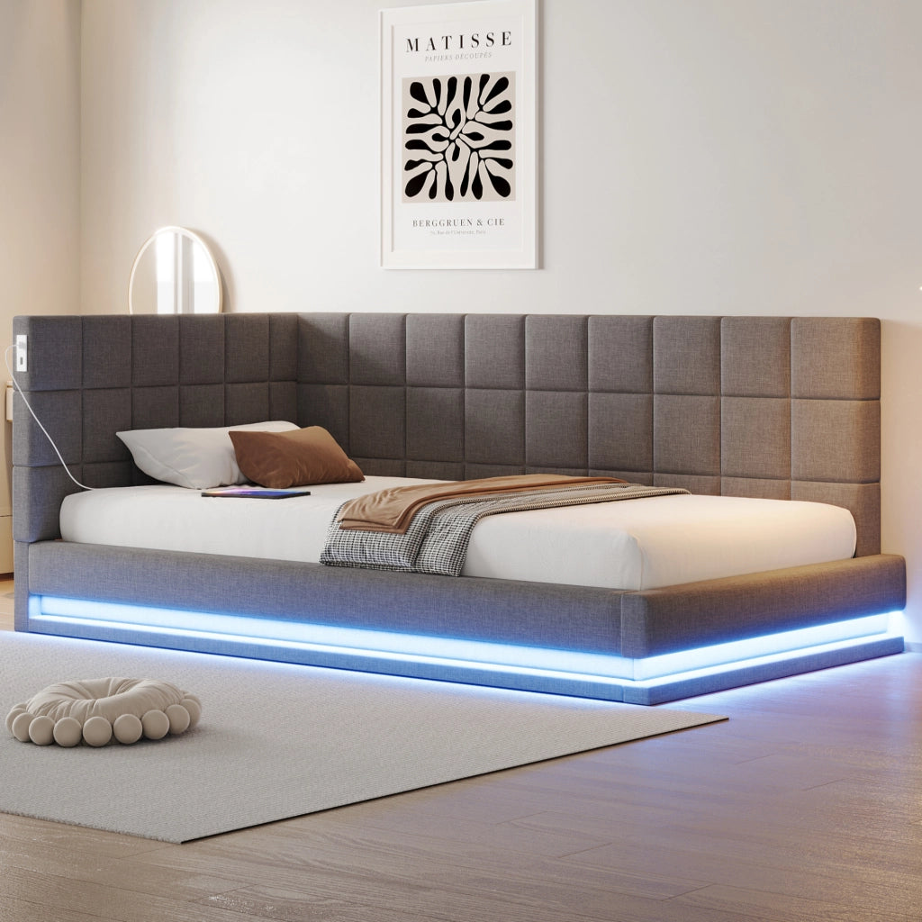 Divano letto imbottito 90x200 con LED, USB e rete a doghe