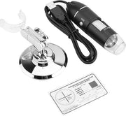 Microscopio USB da 50X a 500X con sensore 0.3MP e caricamento USB per computer con supporto.