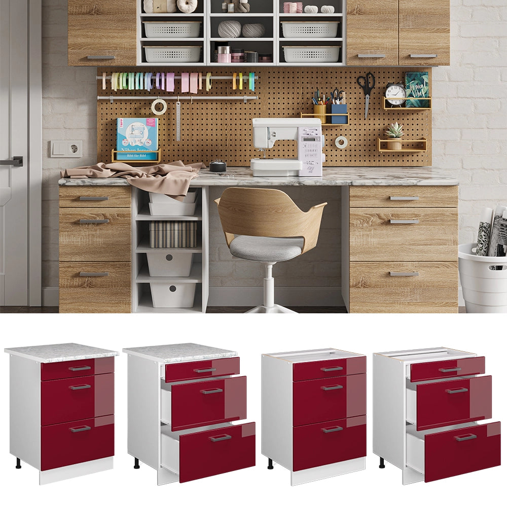 Vicco Base universale Rosso bordeaux lucido 60 cm con cassetti, senza piano di lavoro